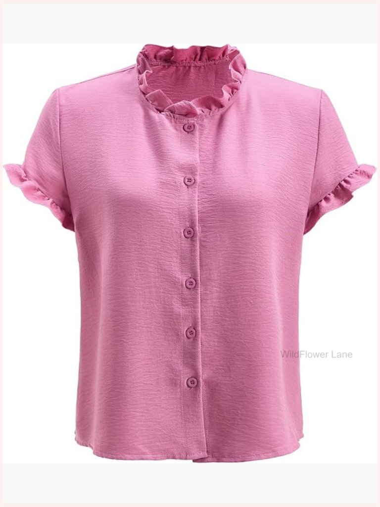 Ruffle Sleeve Button Down Blouse Mock Neck Short Sleeve Top